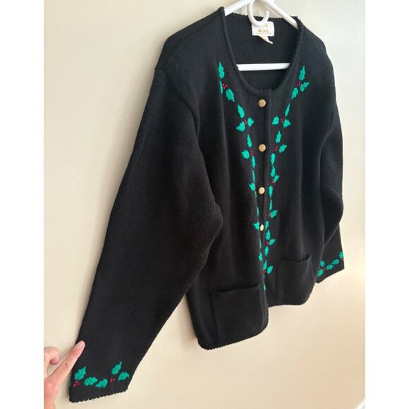 Vintage Tally-Ho Black Holly Embroidered Christmas Cardigan Sweater Women's XL - Picture 2 of 13